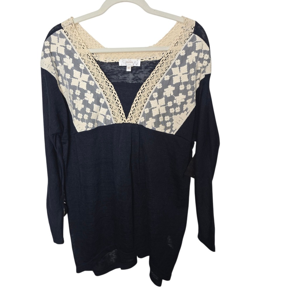 Entro Navy Blue Lace Crochet V-Neck Long Sleeve Tunic Top Womens Medium T3805